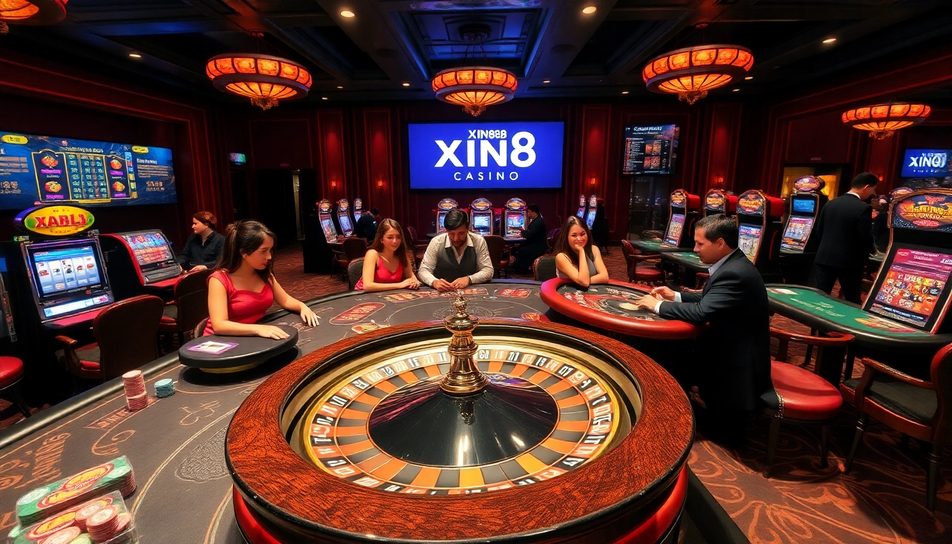 Experience thrilling gameplay at Xin88 casino, featuring vibrant poker tables and exciting slot machines.