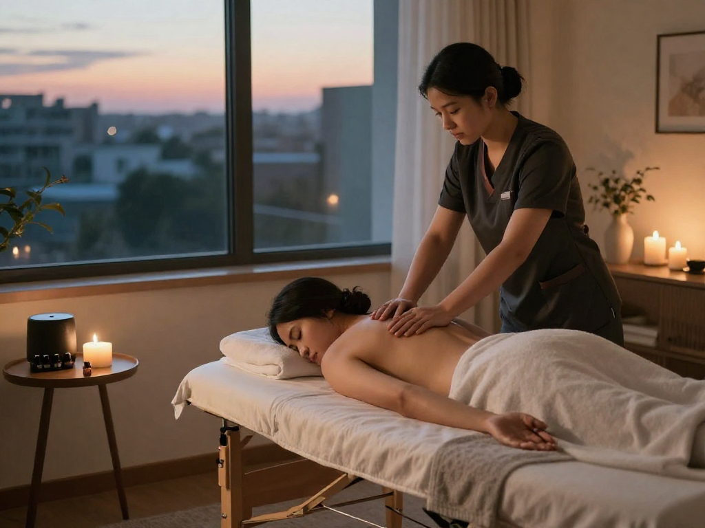 Premium 출장안마 therapy session in a tranquil home setting with a relaxed client and professional therapist.