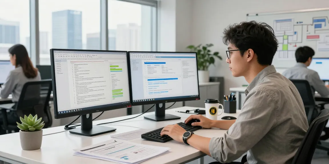 Document fraud detection analysis in a modern office workspace with dual monitors.