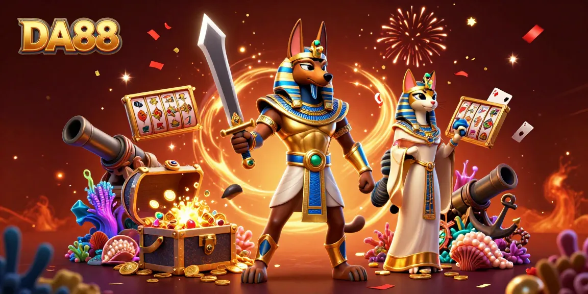 Engage with DA88's immersive casino experience featuring Anubis and Bastet amidst treasures and gaming elements.