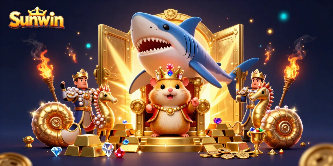 Experience the excitement at Sunwin with a vibrant 3D casino scene featuring treasure, adventure, and a crowned hamster king.