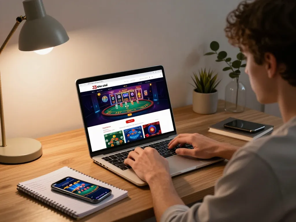 Person engaging with nhà cái 33win online casino on a laptop in a cozy home office setting with betting notes.