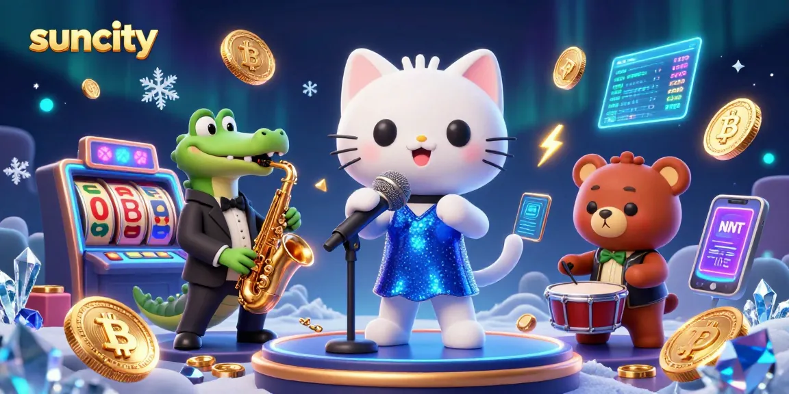 Experience the thrill at suncity with a vibrant casino scene featuring a singing cat and musical characters.