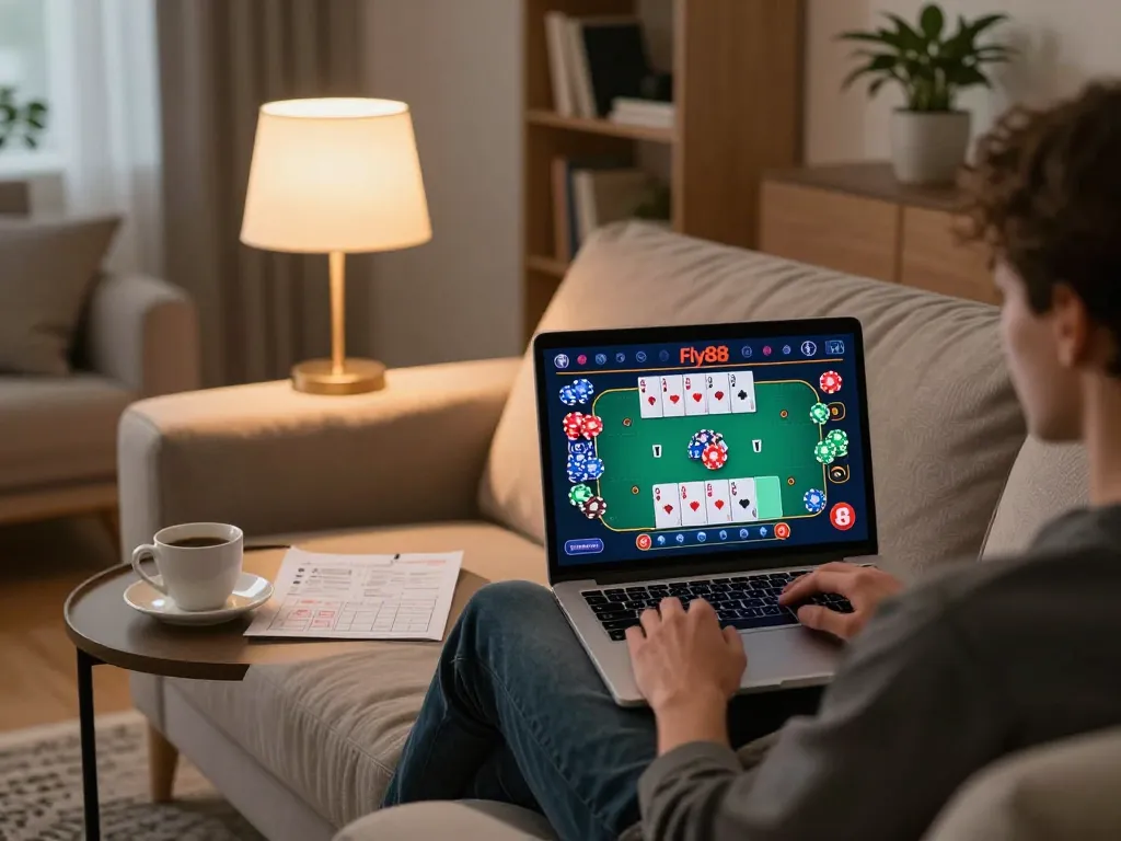 Engaging in online casino gaming at Fly88 select with a laptop and poker interface in a cozy home.