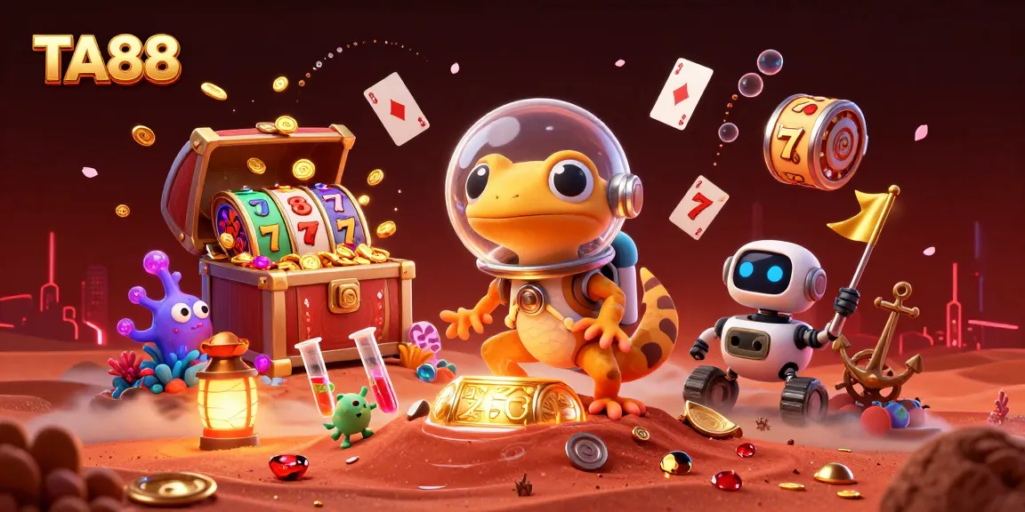 Experience thrilling TA88 casino adventures with a Martian gecko and vibrant gaming elements.