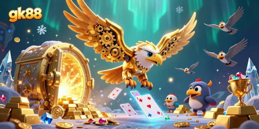Experience the thrill of gk88 with cybernetic eagles amidst dazzling casino treasures.