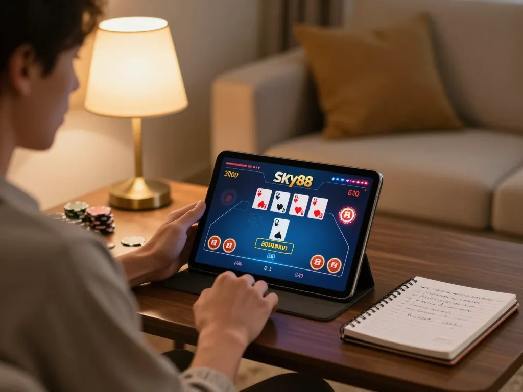 Engaging with Sky88 poker on a tablet in a cozy home setting.