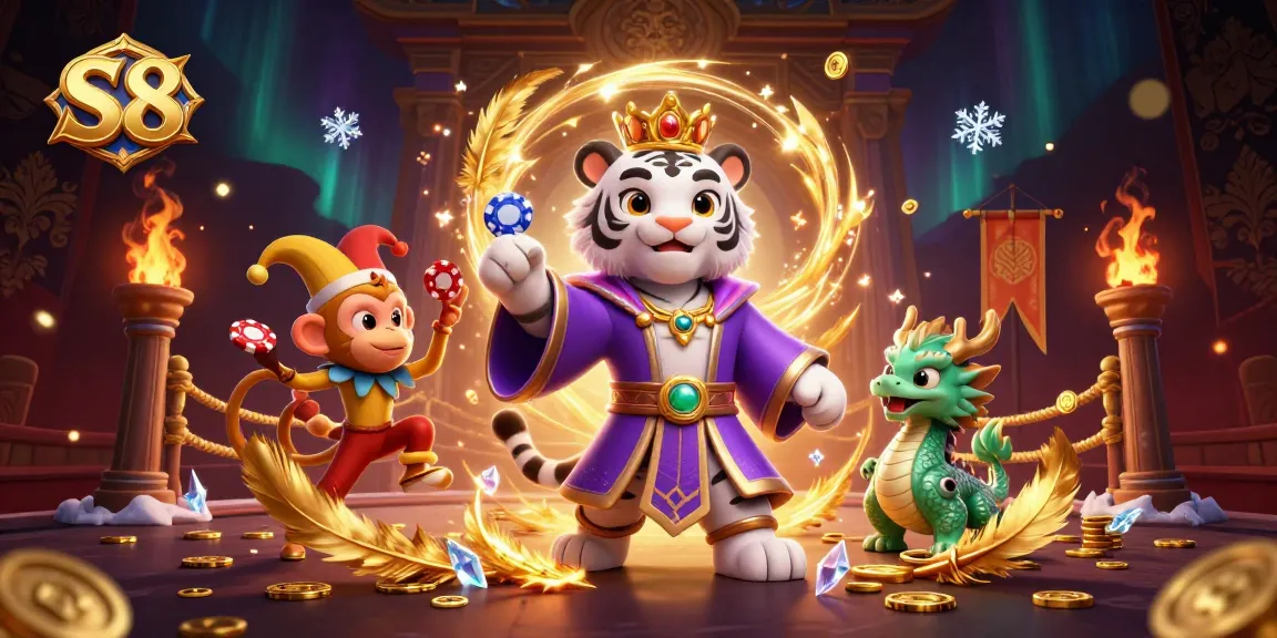 S8 offers an engaging gambling experience with vibrant characters like a royal tiger and monkey juggling poker chips.