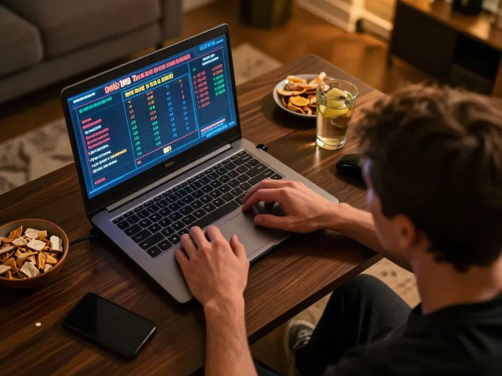 DW8 player strategizing game moves during a thrilling online gambling session at home
