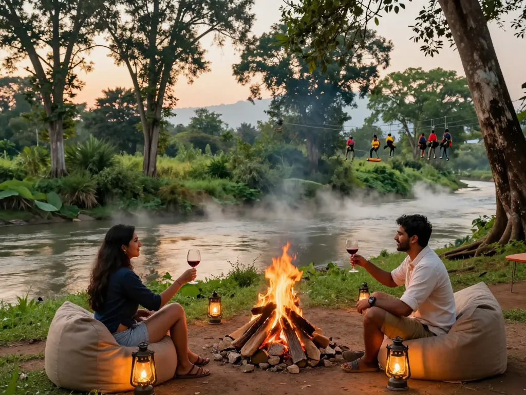 Dandeli resorts riverside bonfire scene showcasing couples enjoying local experiences at sunset.