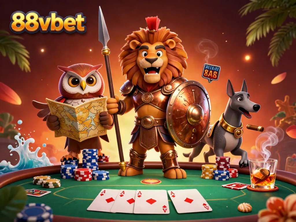 Experience thrilling action at 88vbet with a dynamic scene of heroes and poker elements.