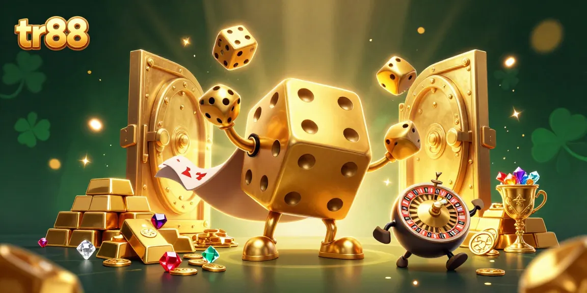 Experience the excitement of tr88 with a vibrant 3D illustration of winning dice and gambling elements.