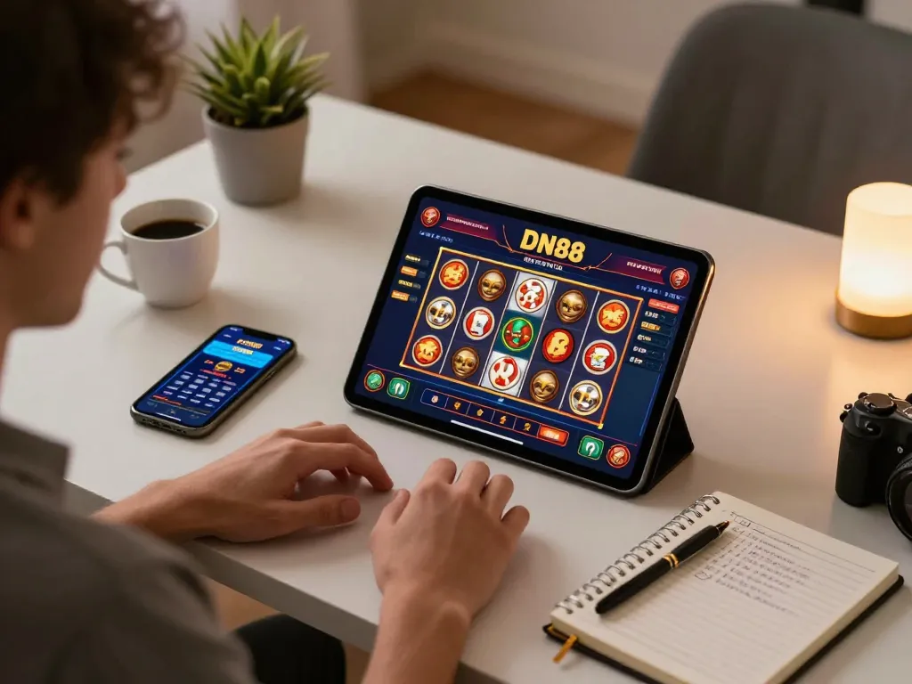 Player enjoying DN88 online gambling on a tablet, showcasing responsible gaming strategy.