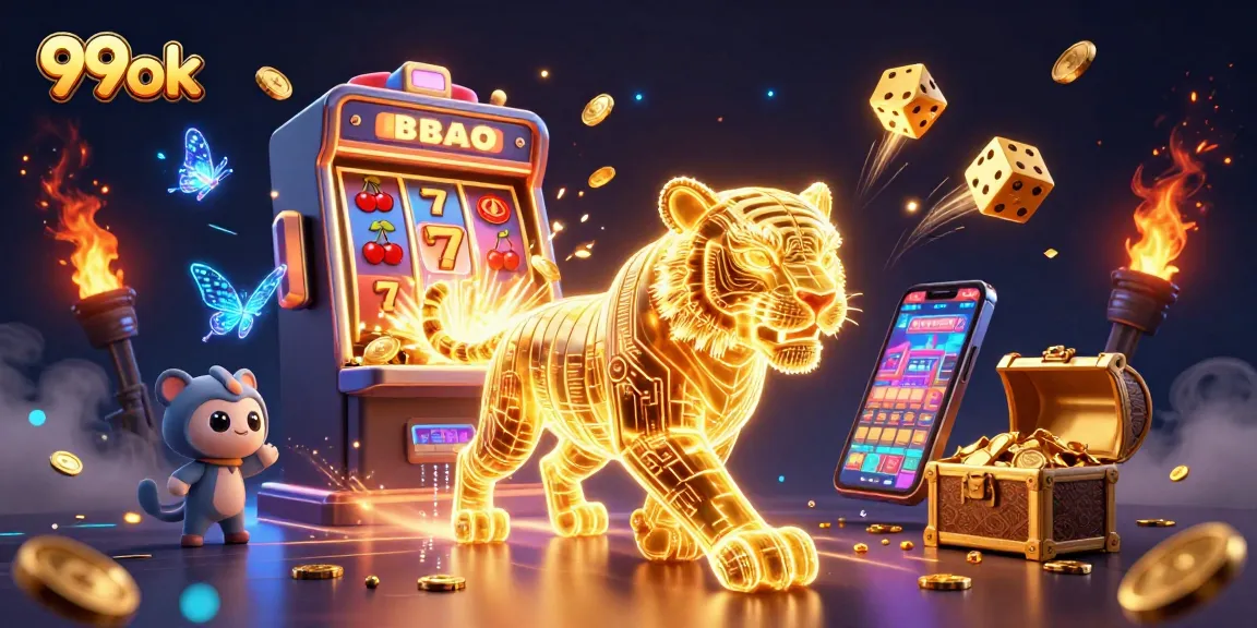 Engage with 99ok's vibrant digital casino illustration featuring a golden tiger and thrilling game elements.