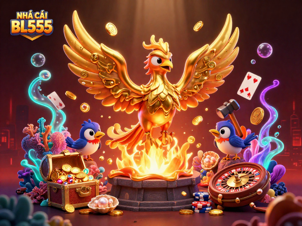 Experience the thrilling NHÀ CÁI BL555 with vibrant casino elements and a golden phoenix.