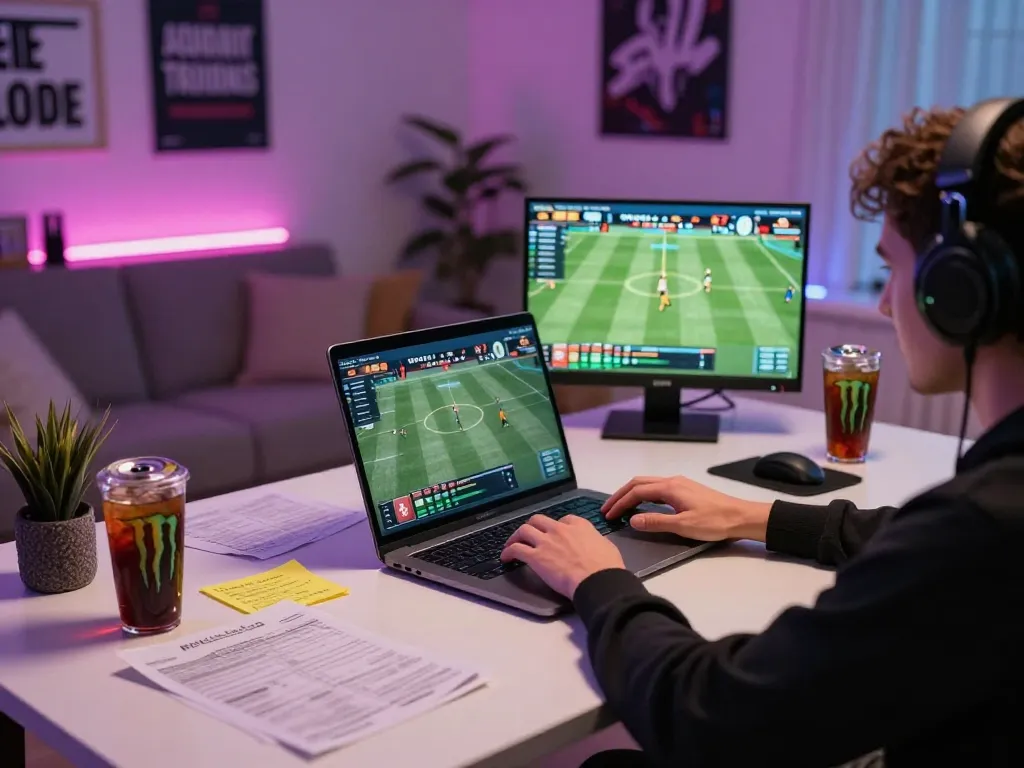 gk88 user placing bets on sports events using a laptop in a dynamic home office