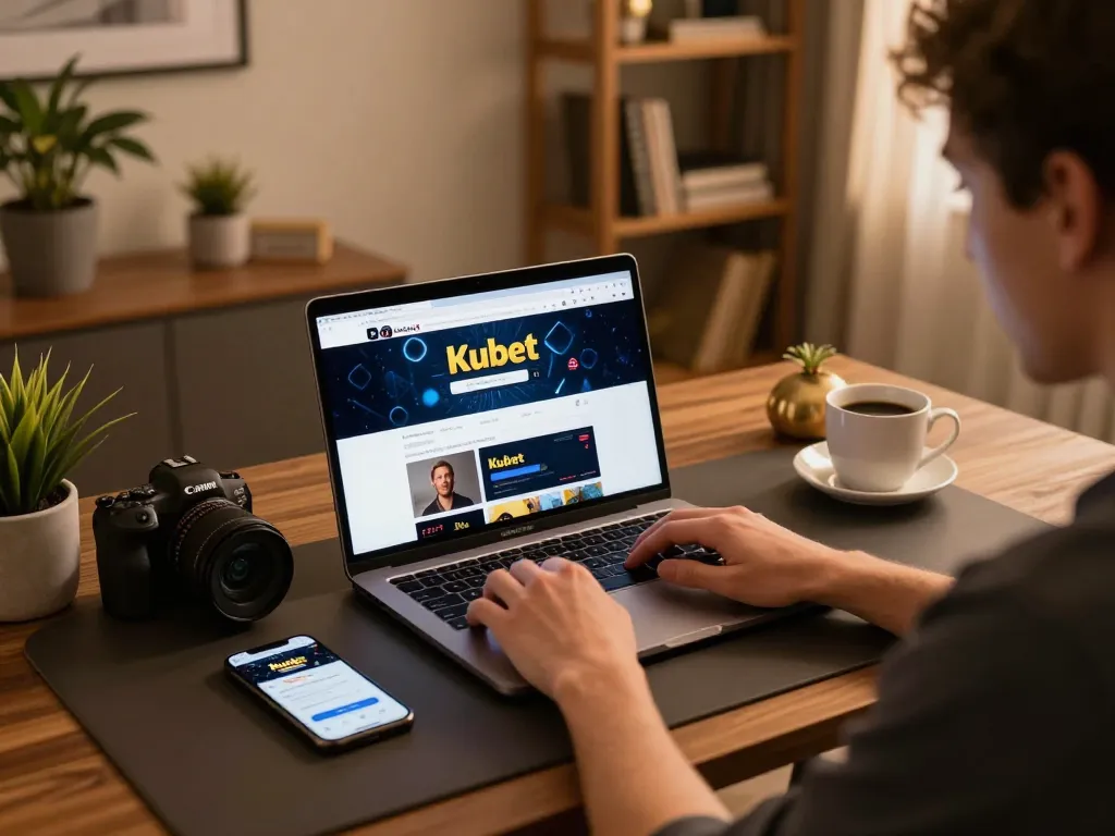 Kubet player engaged in online gaming session using laptop, cozy home atmosphere with ambient lighting and smartphone nearby.