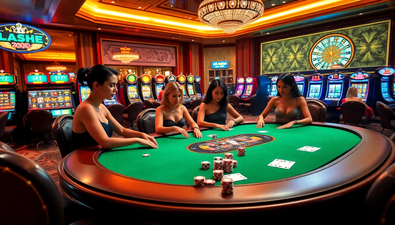 Players immerse in excitement at pg88's luxurious casino table, surrounded by vibrant gaming elements.