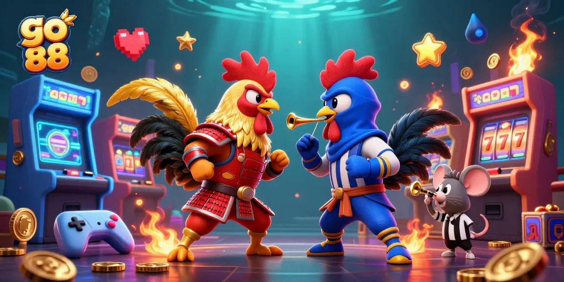 Go 88 logo with 3D roosters battling amidst slot machines and neon arcade elements.