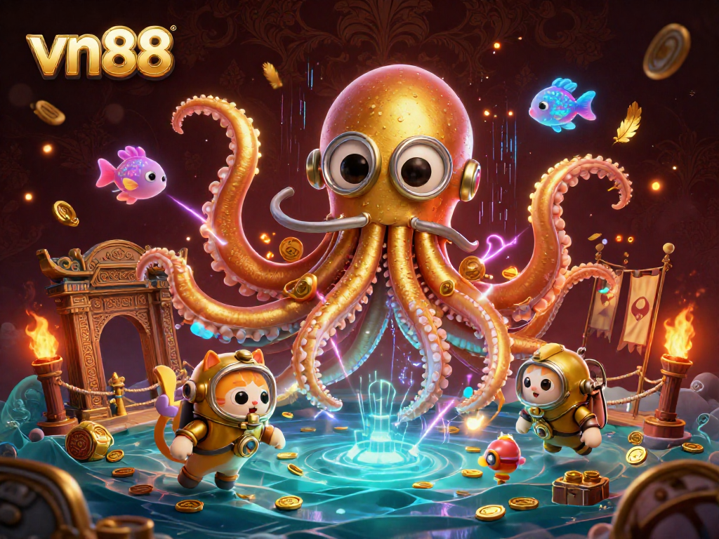 Engage with vn88's thrilling gaming experience featuring a colossal kraken and diving cat.