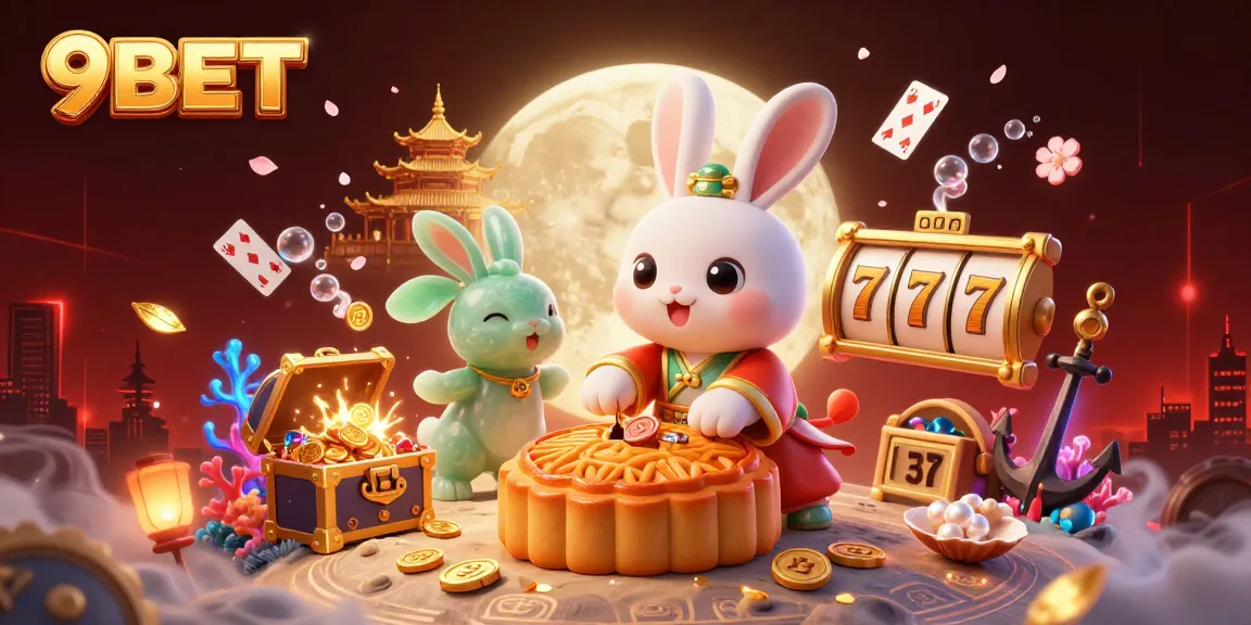 Play games like slots with 9BET through a vibrant 3D illustration featuring a moon rabbit.