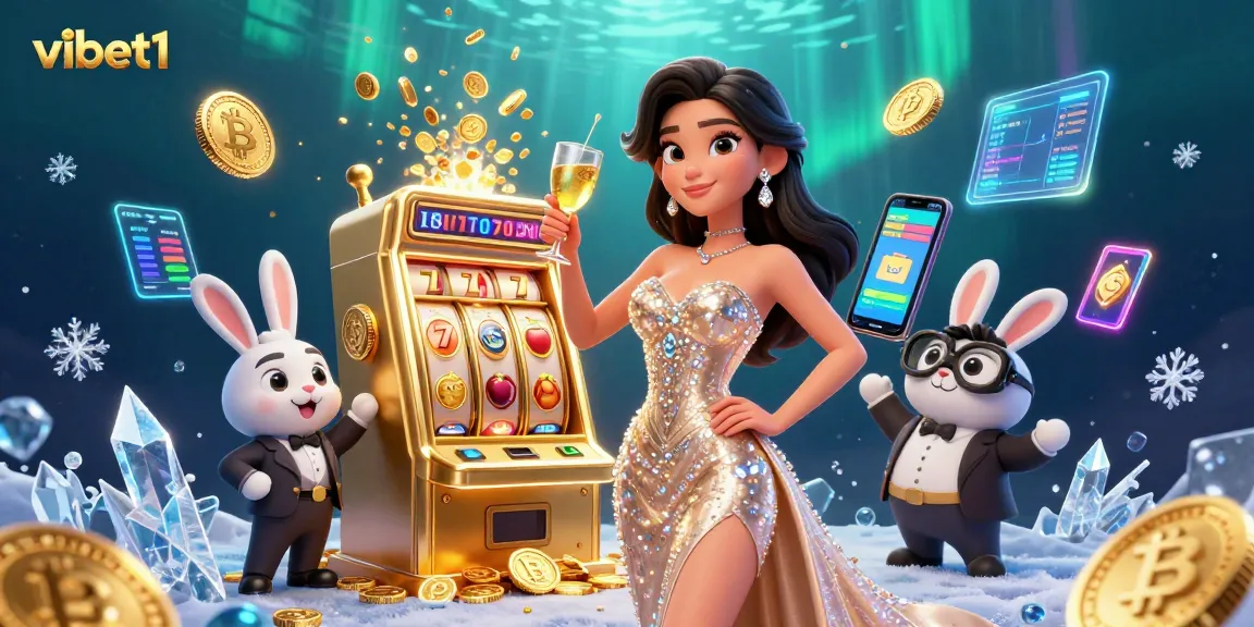 Experience vibet1’s immersive slot action with a luxurious setting featuring a jackpot machine and vibrant crypto elements.