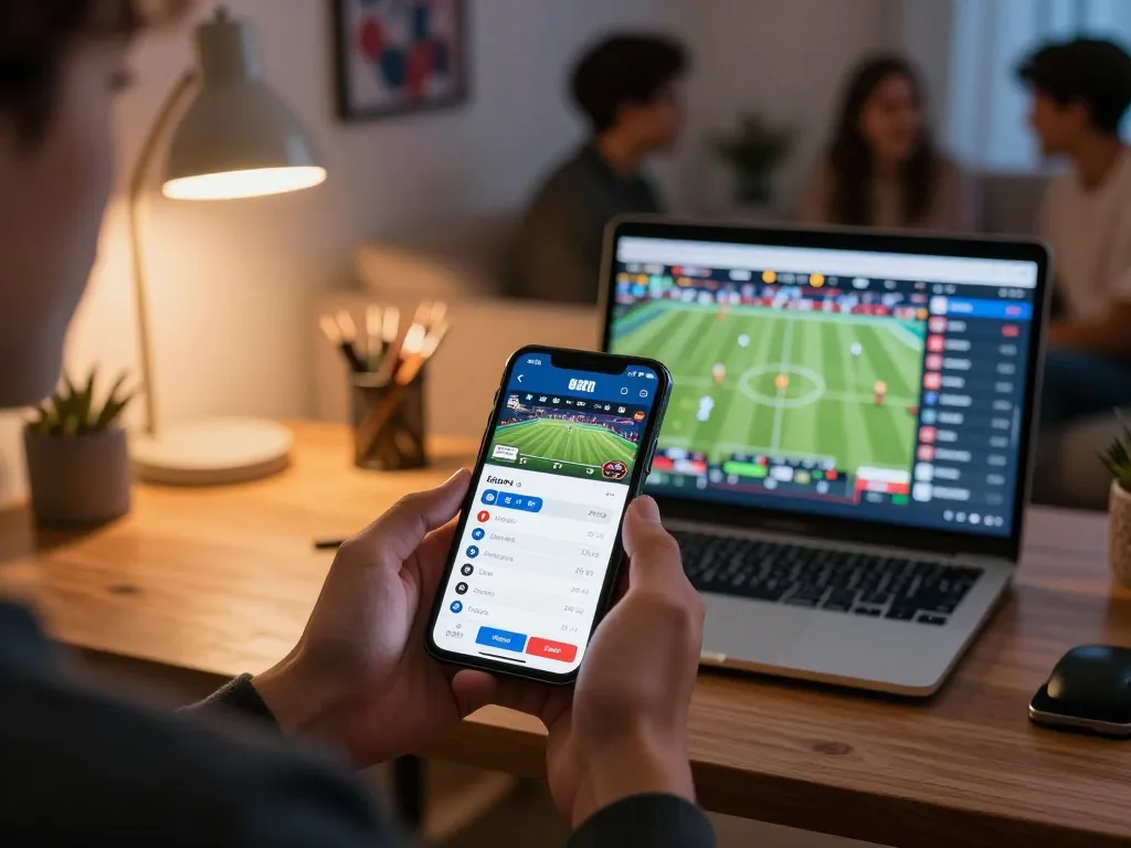Engaging sports betting with 88CLUB on a smartphone, showcasing live odds in a cozy setting.