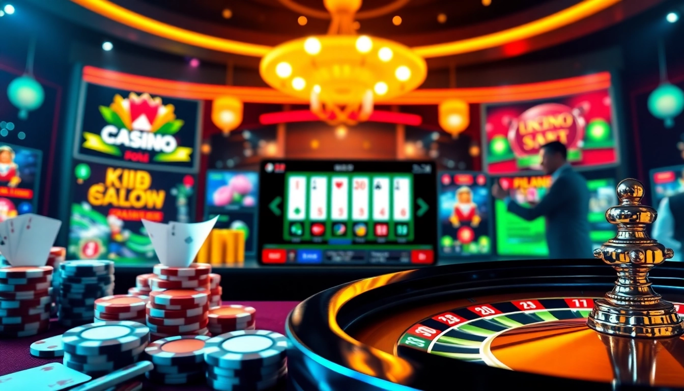 A dynamic gaming scene at trang chủ 789p featuring poker chips, playing cards, and a roulette wheel in a luxurious casino setting.