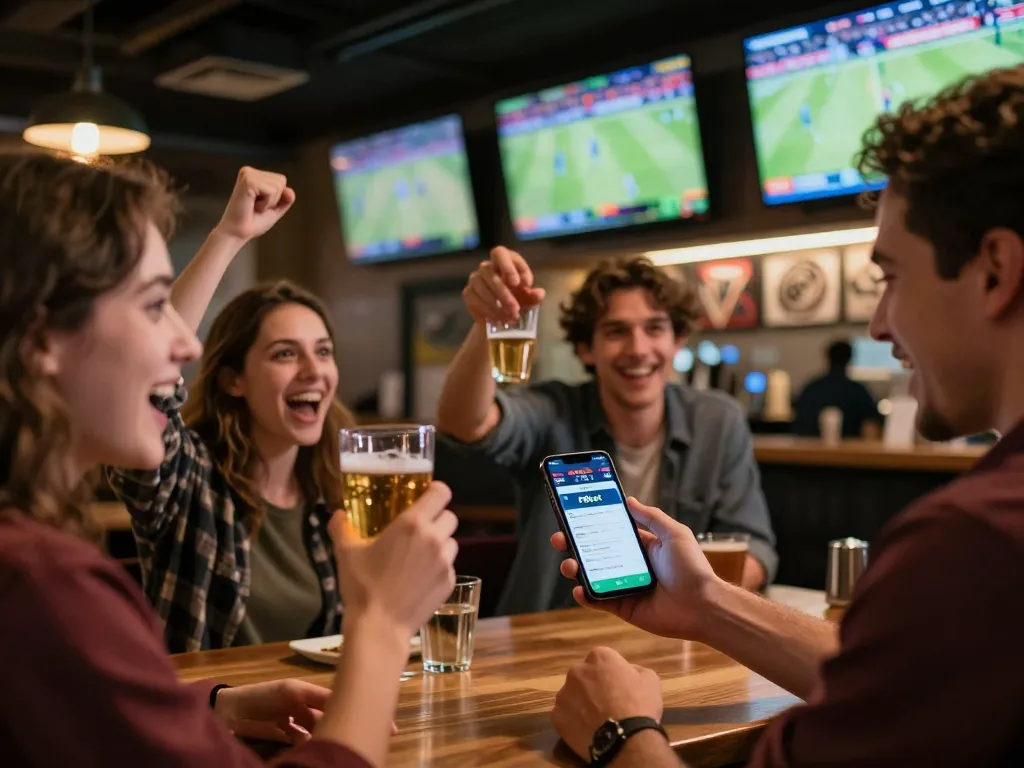 F8bet user placing bets on smartphone while enjoying live sports with friends in a vibrant sports bar.