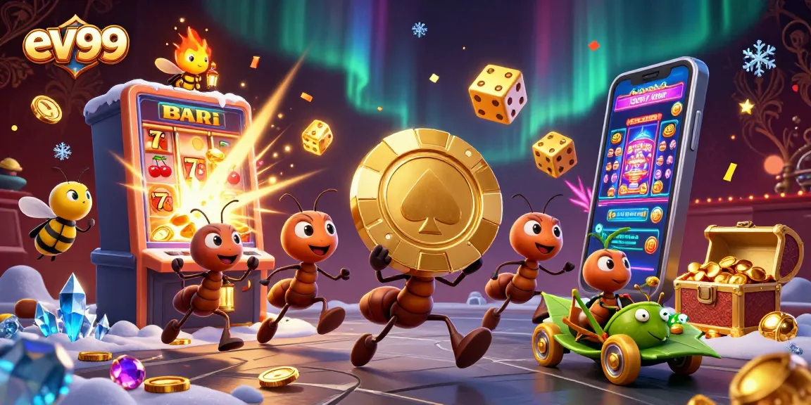 ev99 heist scene with ants, a firefly, and a grasshopper among slot machines