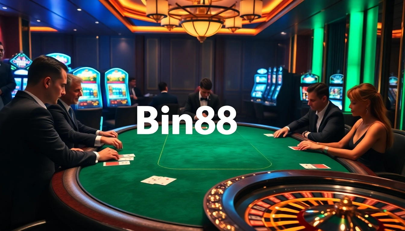 Exciting gameplay at Bin88 casino with poker, chips, and luxury environment.