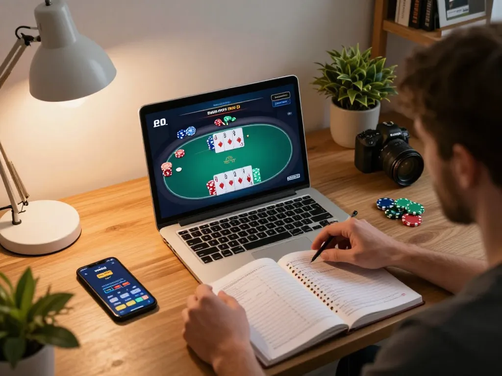 Player strategizing on ww88 poker app in a cozy home office, laptop open with cards visible.
