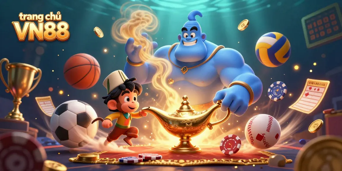 Experience excitement at trang chủ VN88 with a vibrant illustration of a genie and Aladdin-style characters in a dynamic casino setting.