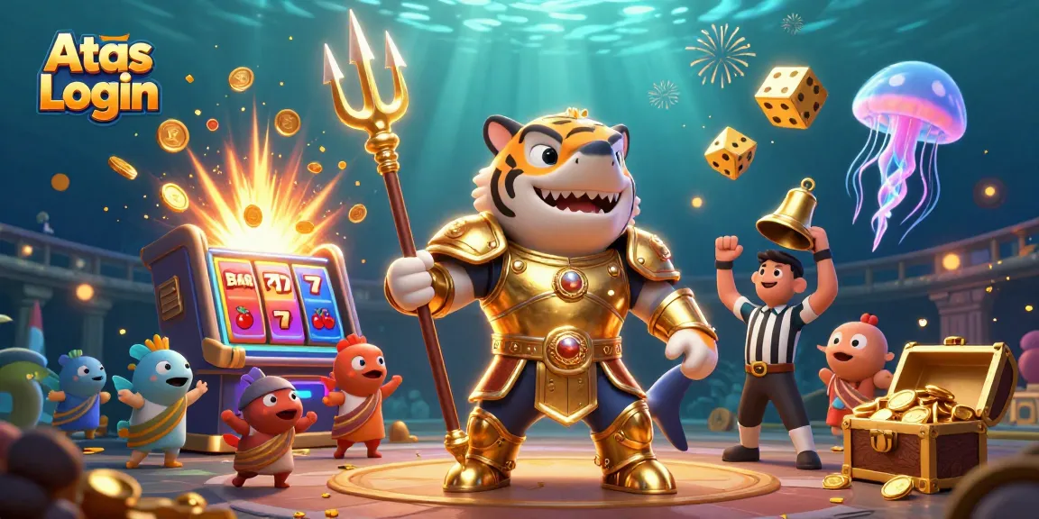 Experience the thrill of Atas Login with this dynamic casino scene featuring a golden shark and rich game elements.