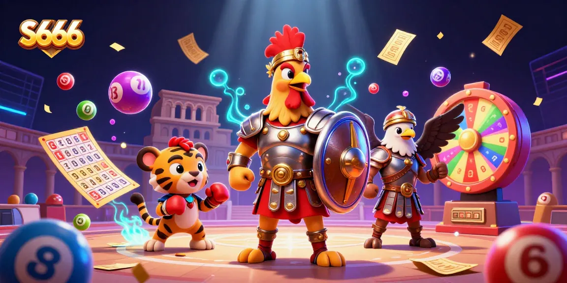 S666 engages players with a thrilling 3D illustration of casino fun, showcasing a rooster and a tiger cub amidst vibrant lottery elements.