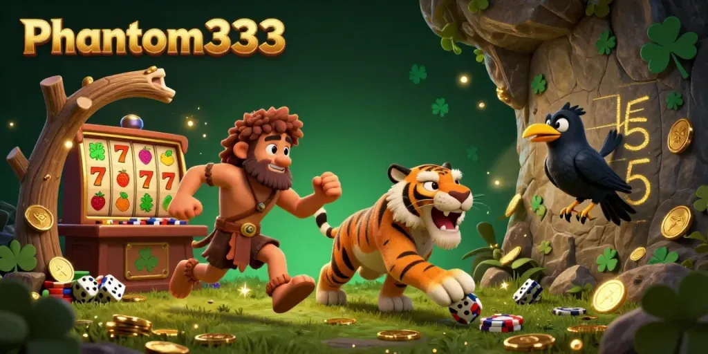 Experience the excitement of Phantom333 in a vibrant prehistoric casino scene with captivating characters and rich details.