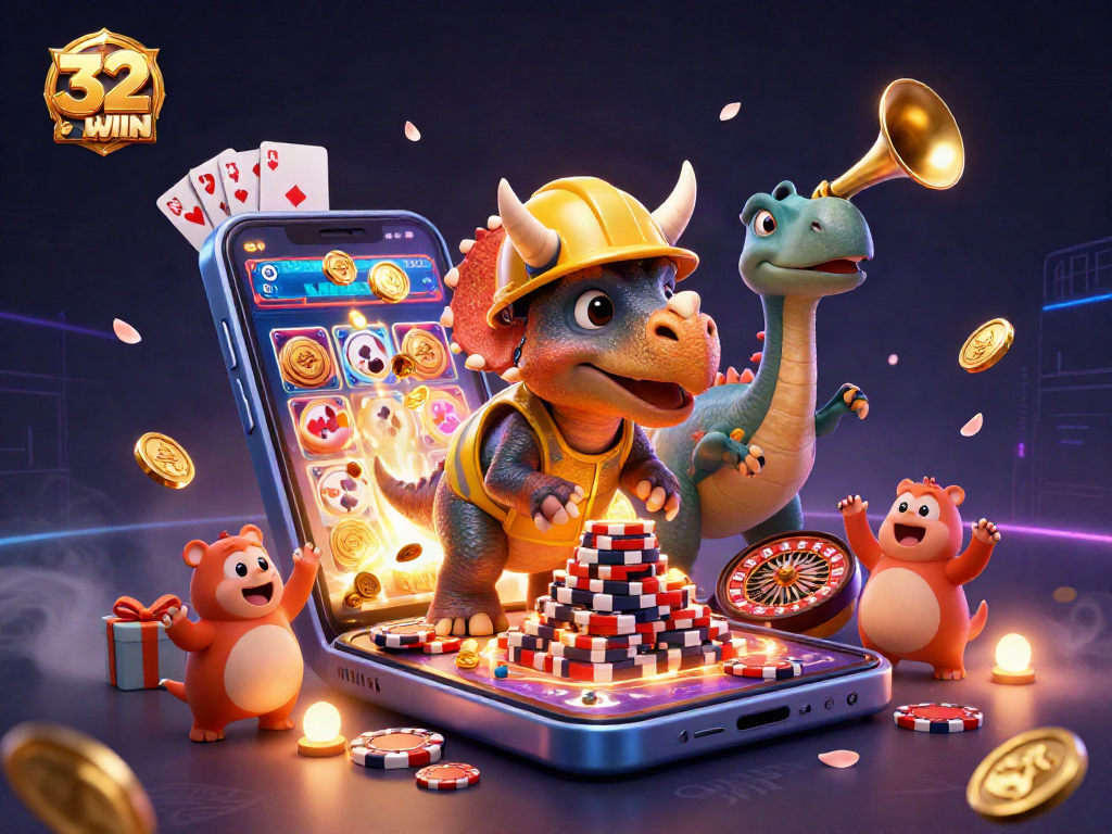 Experience thrilling wins at 32WIN with a vibrant casino-themed 3D illustration.