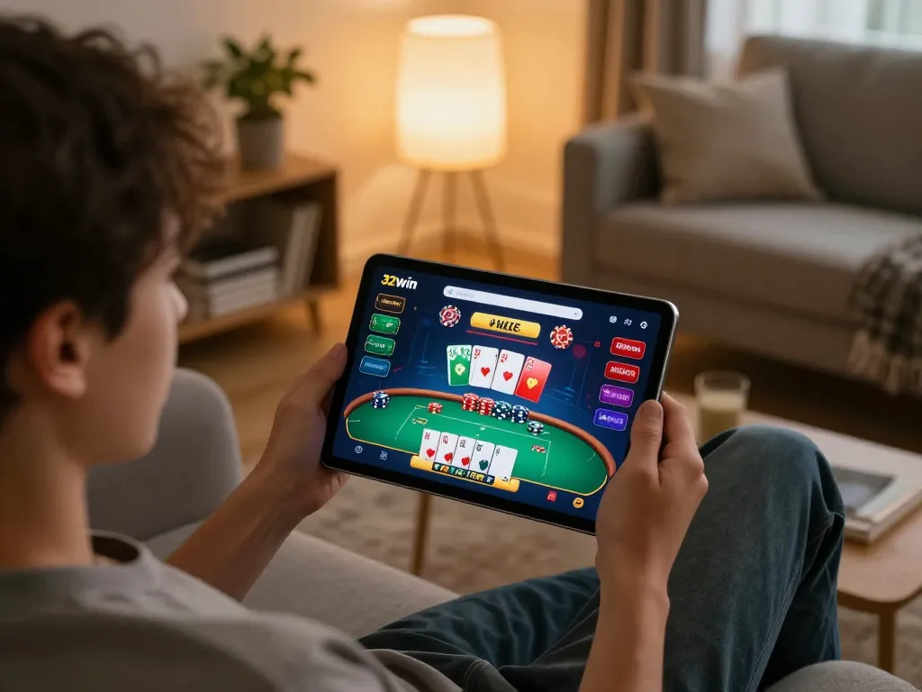 Player enjoying 32win online casino with tablet in cozy home environment, focusing on poker gameplay.