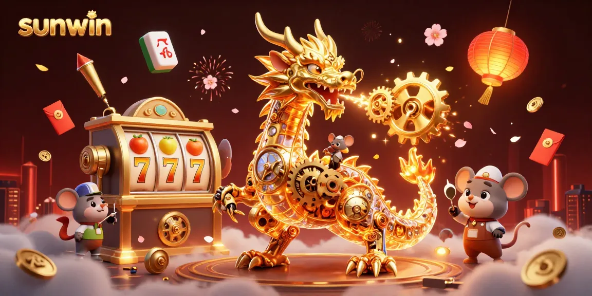 Experience thrilling games at sunwin with a vibrant 3D dragon and slot reels, capturing the spirit of gambling.