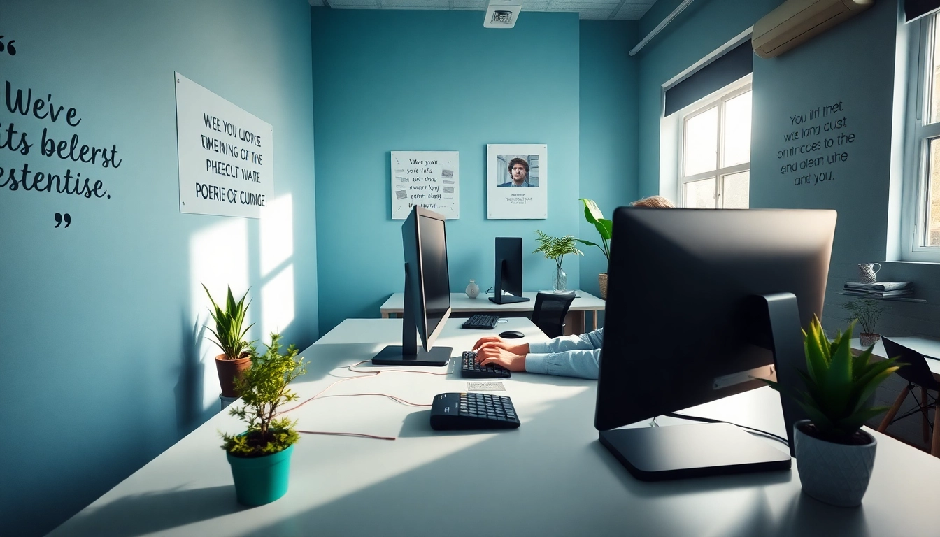 Enhance productivity at this Typing Center with a modern workspace showcasing organization and focus.