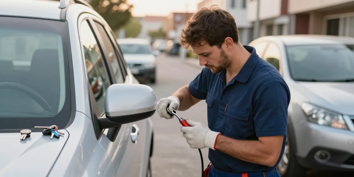 Autosleutel kwijt? Professional locksmith swiftly unlocking a car door in an urban setting.