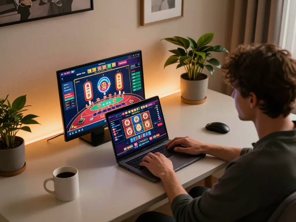 Engaging in online casino gameplay with tg88 mba platform on a laptop, showcasing a vibrant gaming experience