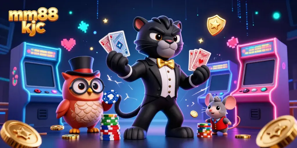 Engage in thrilling gameplay with mm88 kjc at a vibrant casino scene featuring elegant characters and colorful machines.