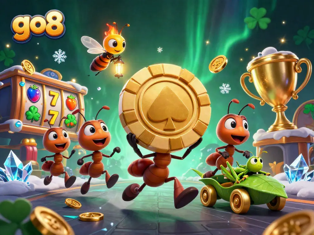 Engage with go8 casino adventures as ants carry a giant poker chip through a vibrant scene.