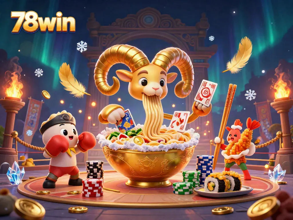 Engage with thrilling action at 78win with a vibrant casino scene featuring a giant ramen bowl dealer.