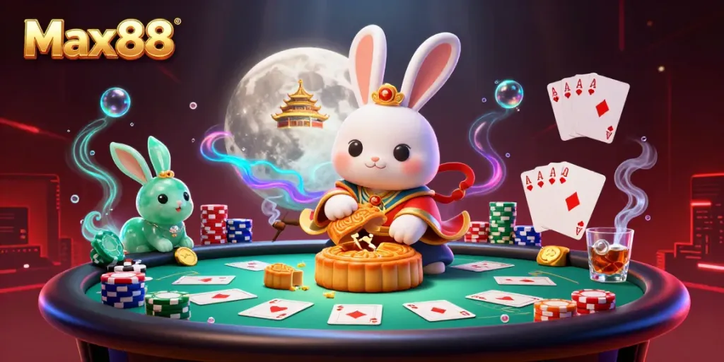 Max88 features a vibrant moon rabbit scene showcasing casino fun with poker chips and mooncakes.