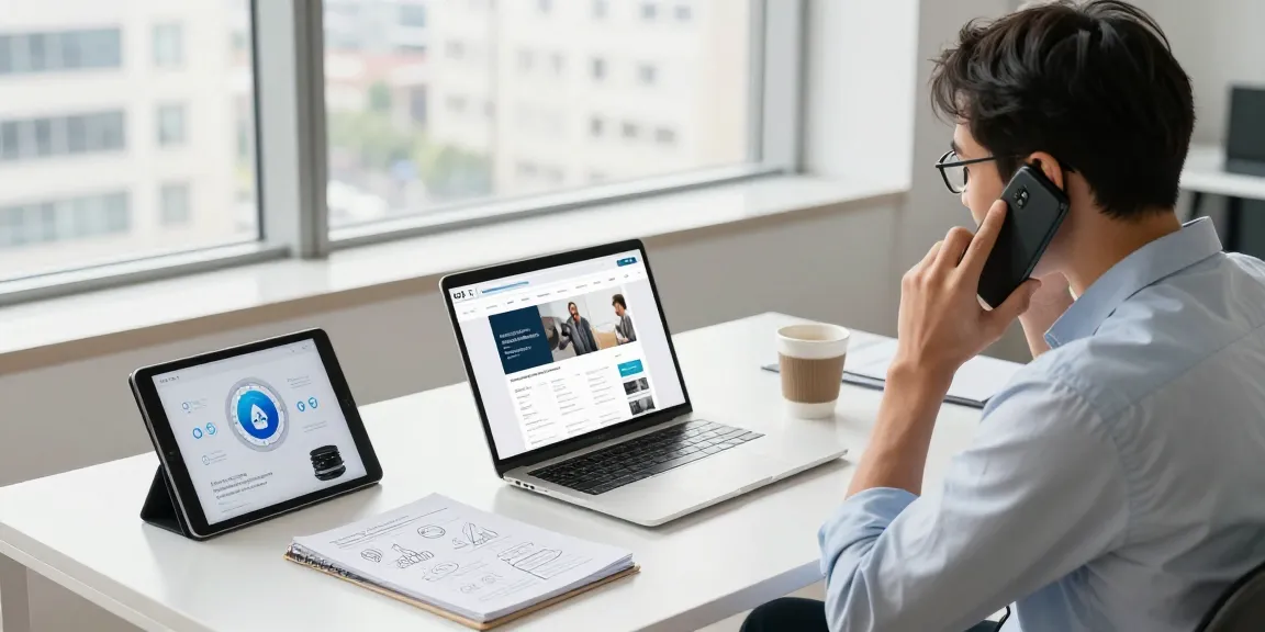 Owner discussing websites with no upfront costs in a modern office setting.