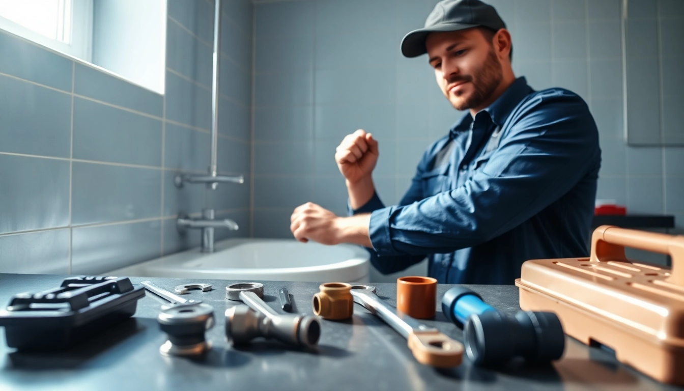 Find a Plumber near me adjusting pipes in a bright modern bathroom setting.