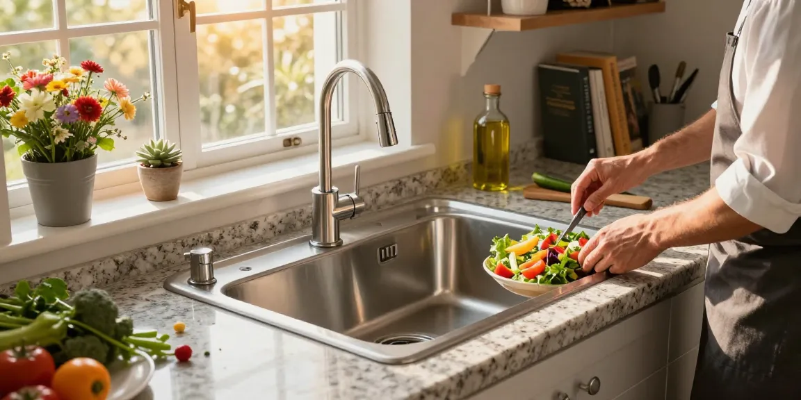 A beautifully designed kitchen sink in stainless steel with a chef preparing fresh ingredients, creating an inviting cooking atmosphere.