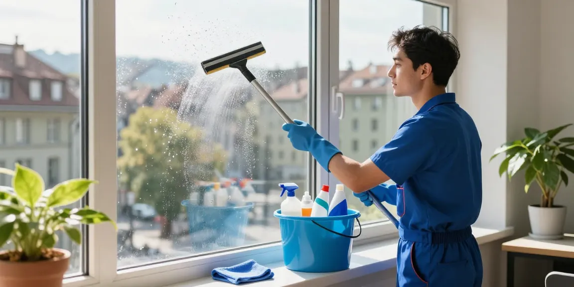 Professional glass cleaner demonstrating glasreinigung preis with sparkling windows and bright city view.
